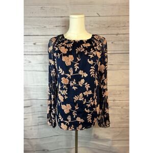 Sunday in Brooklyn Navy Blue Rose Gold Floral Embroidered Blouse XS Long Sleeve